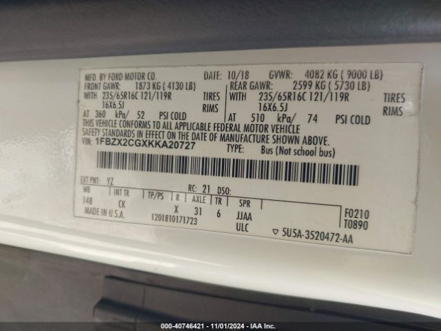 1FBZX2CGXKKA20727 Ford Transit-350 Xlt