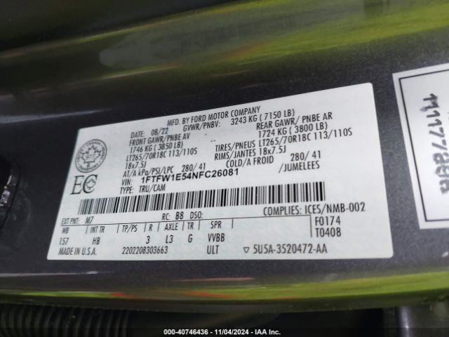 1FTFW1E54NFC26081 Ford F-150 Lariat