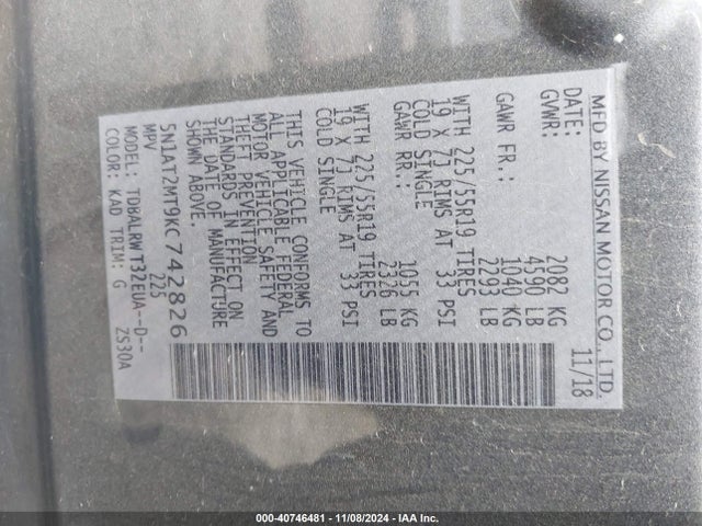 Nissan Rogue Sl 2019 5N1AT2MT9KC742826 Image 9