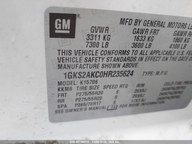 1GKS2AKC0HR235624 GMC YUKON SLE