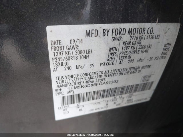Ford EXPLORER XLT 2015 1FM5K8D86FGA91303 Image 9