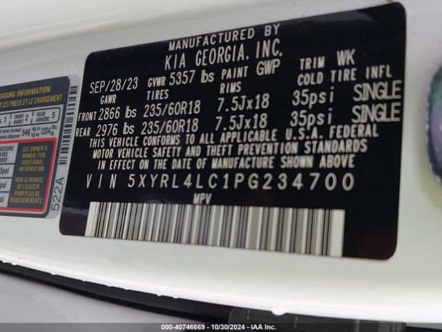 5XYRL4LC1PG234700 KIA SORENTO S
