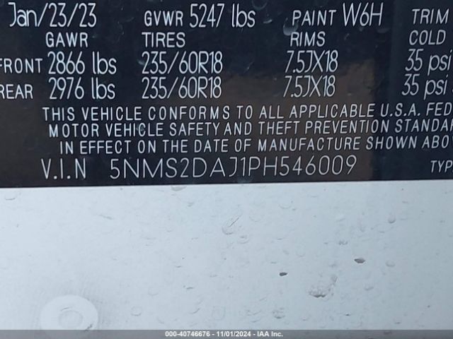 5NMS2DAJ1PH546009 Hyundai Santa Fe Sel