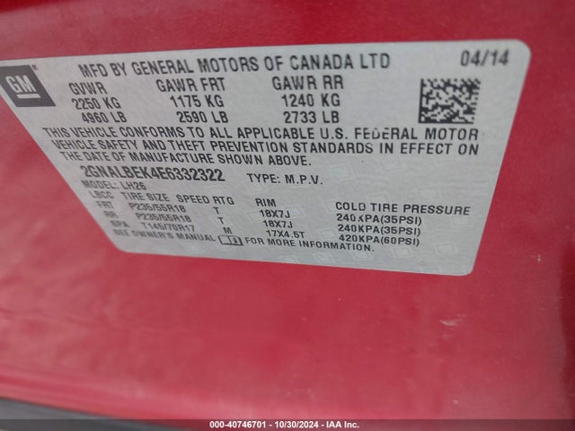 Chevrolet EQUINOX 1LT 2014 2GNALBEK4E6332322 Image 9