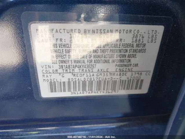 3N1AB7AP4KY436297 Nissan SENTRA SV