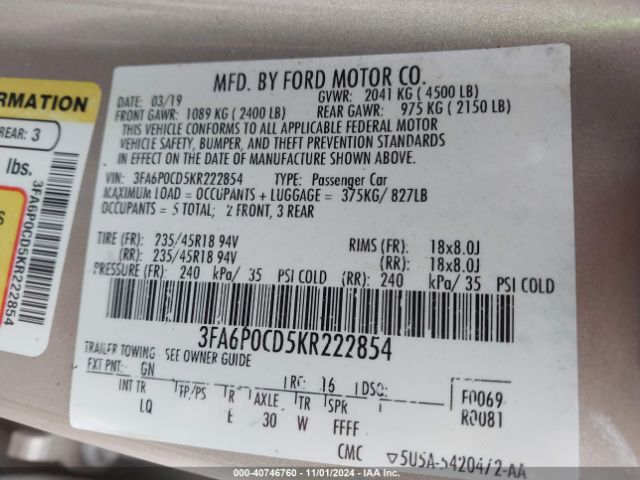 3FA6P0CD5KR222854 Ford FUSION SEL