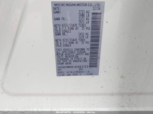 Nissan Pathfinder Platinum 2017 5N1DR2MM0HC646533 Image 9