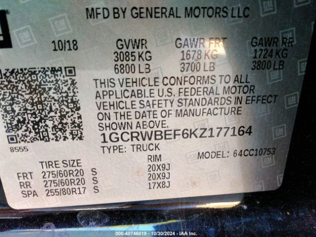 1GCRWBEF6KZ177164 Chevrolet Silverado 1500 Custom