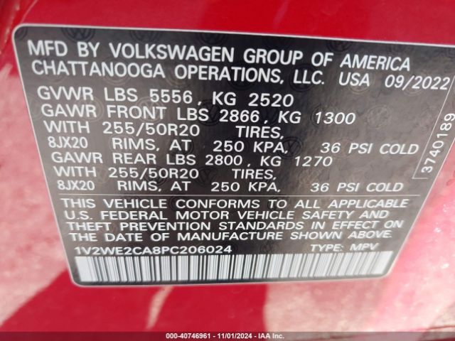 1V2WE2CA8PC206024 Volkswagen Atlas Cross Sport 3.6l V6 Se W/technology