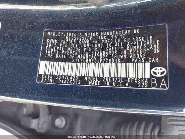 5YFBURHE0JP778016 Toyota Corolla Xse