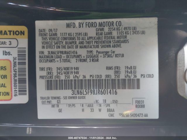 3LN6L5F98JR601416 Lincoln Mkz Reserve