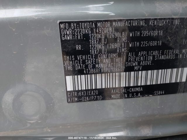 4T3B6RFV1PU128607 Toyota Rav4 Hybrid Xle Premium