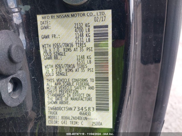 1N6BD0CT5HN734583 Nissan Frontier Sv-i4