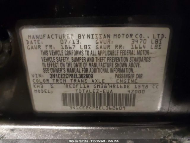 3N1CE2CP8EL362609 Nissan Versa Note Sv
