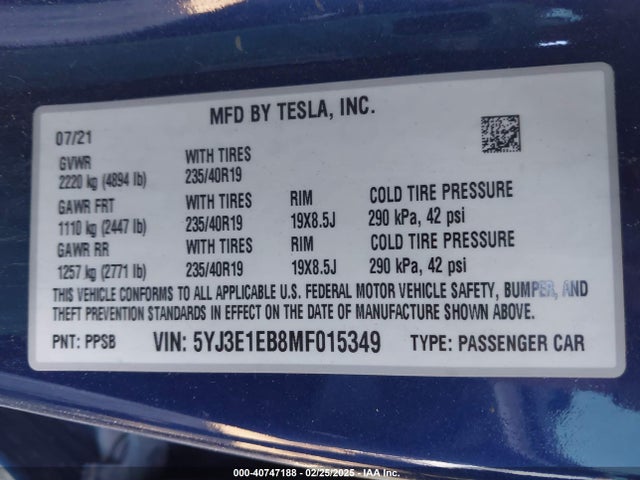 2021 TESLA MODEL 3 5YJ3E1EB8MF015349 Photo 8