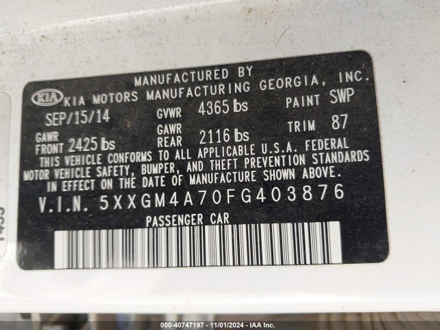 KIA Optima Lx 2015 5XXGM4A70FG403876 Image 9