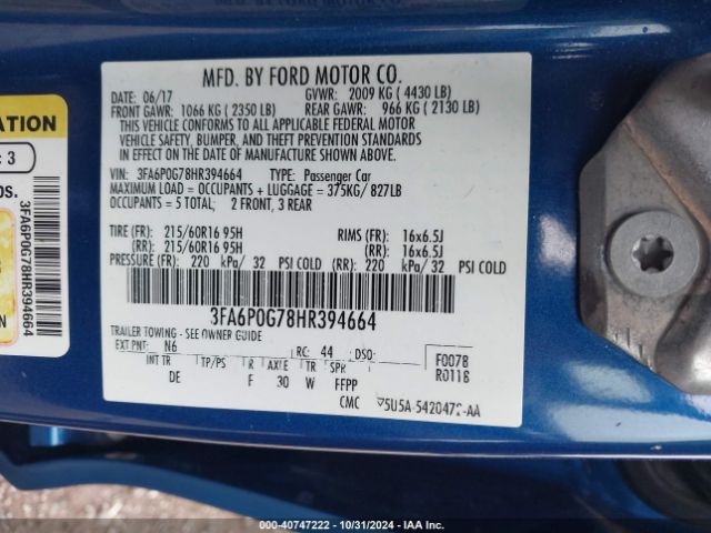 3FA6P0G78HR394664 Ford FUSION S