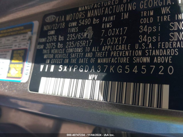 KIA Sorento 2.4l Lx 2019 5XYPGDA37KG545720 Image 9