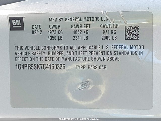 40747302 :رقم المزاد ، 1G4PR5SK7C4160336 vin ، 2012 Buick Verano Convenience Group مزاد بيع