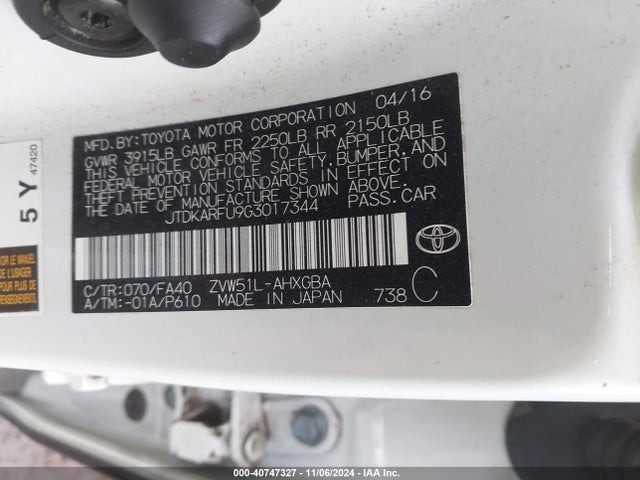 JTDKARFU9G3017344 Toyota Prius Three