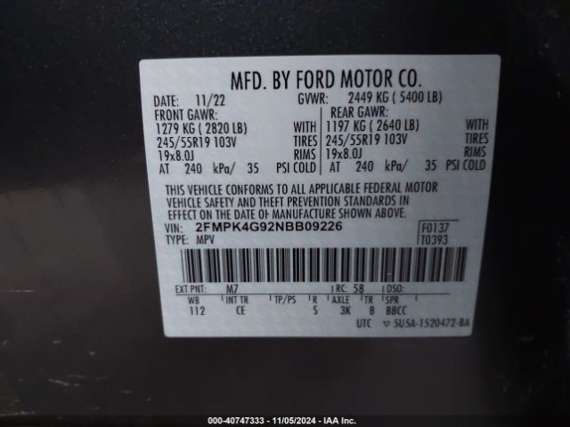 2FMPK4G92NBB09226 Ford EDGE SE