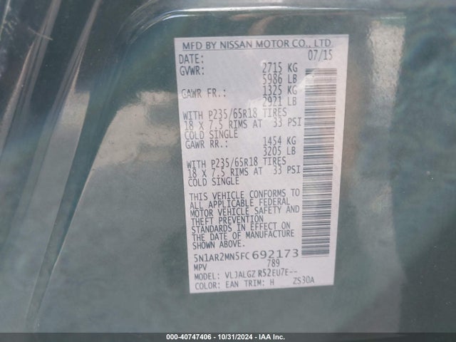 Nissan Pathfinder Sl 2015 5N1AR2MN5FC692173 Image 9
