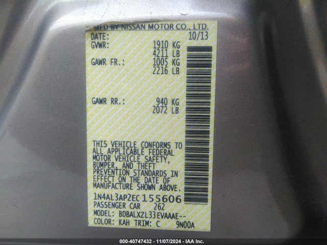 Nissan Altima 2.5 Sl 2014 1N4AL3AP2EC155606 Image 9