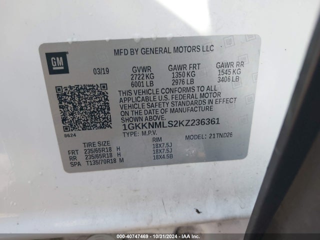 GMC Acadia Slt-1 2019 1GKKNMLS2KZ236361 Image 9