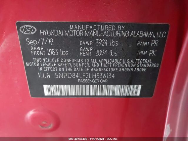 5NPD84LF2LH536134 Hyundai ELANTRA SEL