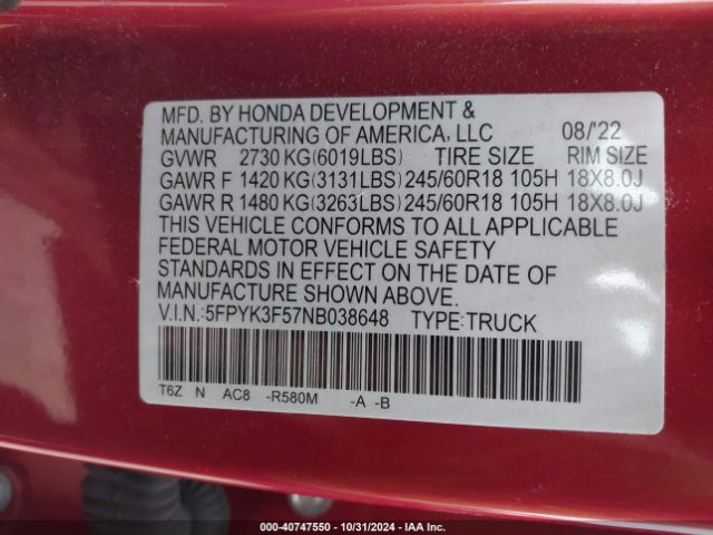 5FPYK3F57NB038648 Honda Ridgeline Rtl