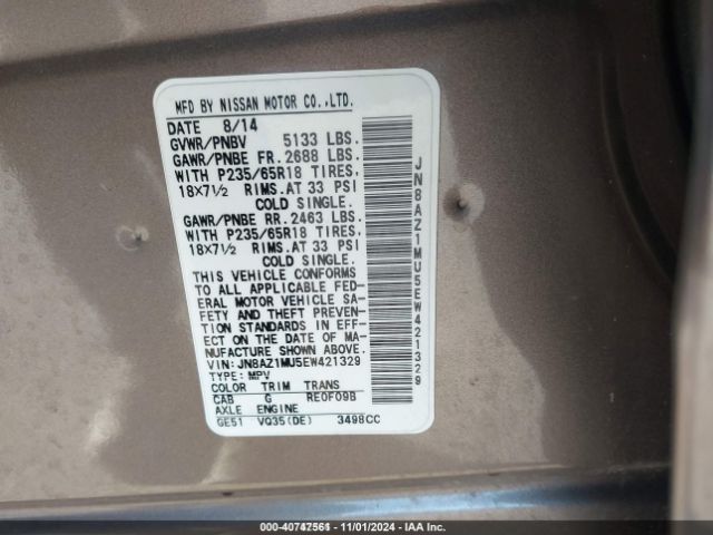 JN8AZ1MU5EW421329 Nissan MURANO SV