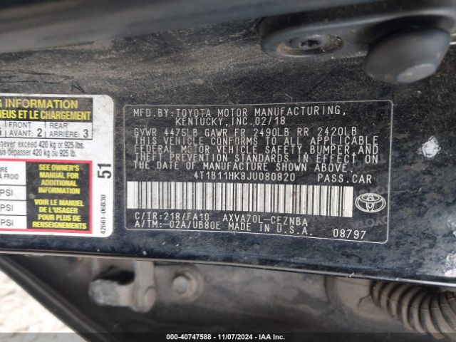 4T1B11HK8JU080820 Toyota CAMRY LE