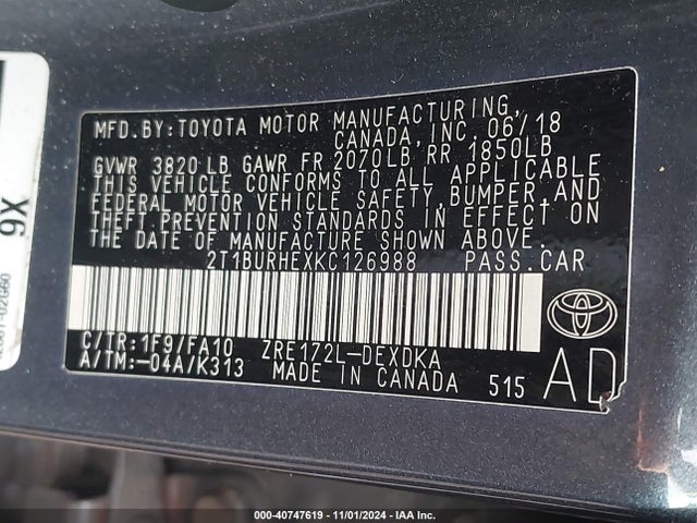 Toyota COROLLA L 2019 2T1BURHEXKC126988 Image 9