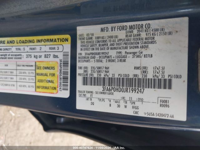 3FA6P0HD0JR199247 Ford FUSION SE