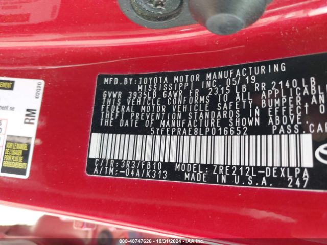 5YFEPRAE8LP016652 Toyota COROLLA LE