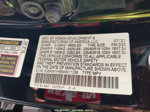 5J6RW1H55MA011338 Honda Cr-v 2wd Ex
