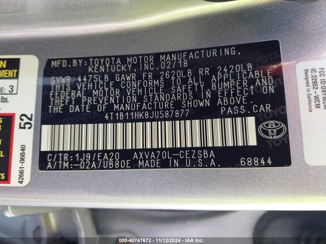 Toyota CAMRY SE 2018 4T1B11HK8JU587877 Image 9