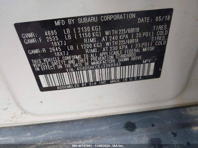 Subaru Outback 2.5i Limited 2018 4S4BSAKC6J3368940 Image 9