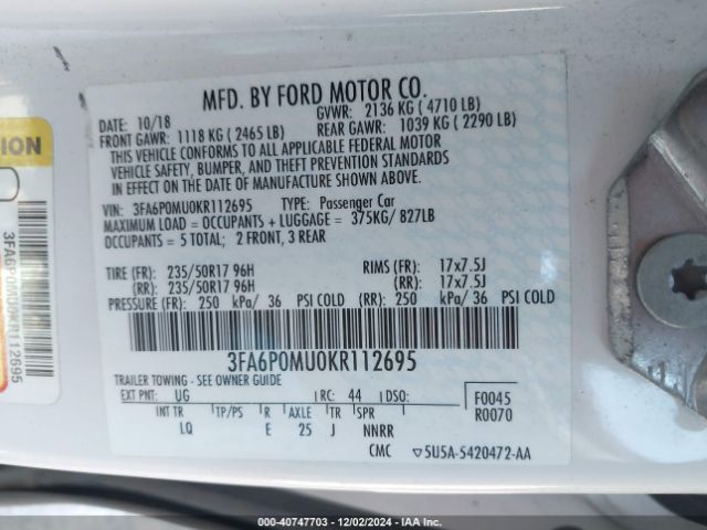 3FA6P0MU0KR112695 Ford Fusion Hybrid Sel