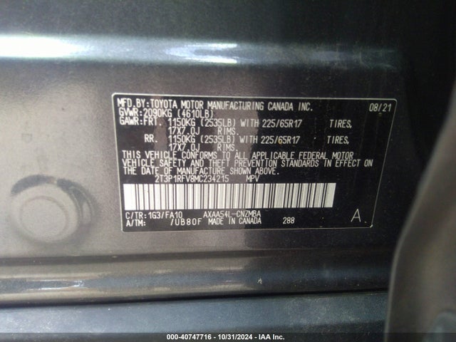 2T3P1RFV8MC234215 Toyota Rav4 Xle