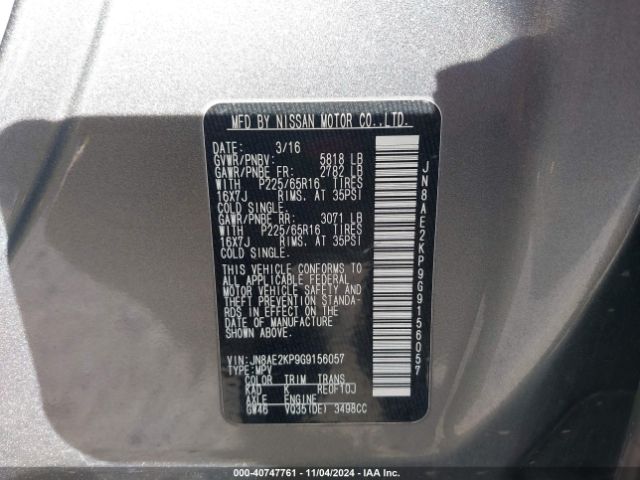 JN8AE2KP9G9156057 Nissan Quest Platinum/s/sl/sv