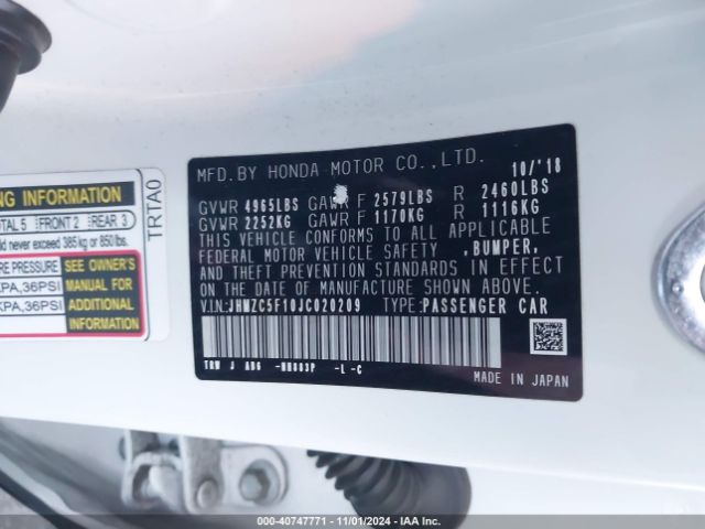 JHMZC5F10JC020209 Honda CLARITY PLUG-IN HYBRID