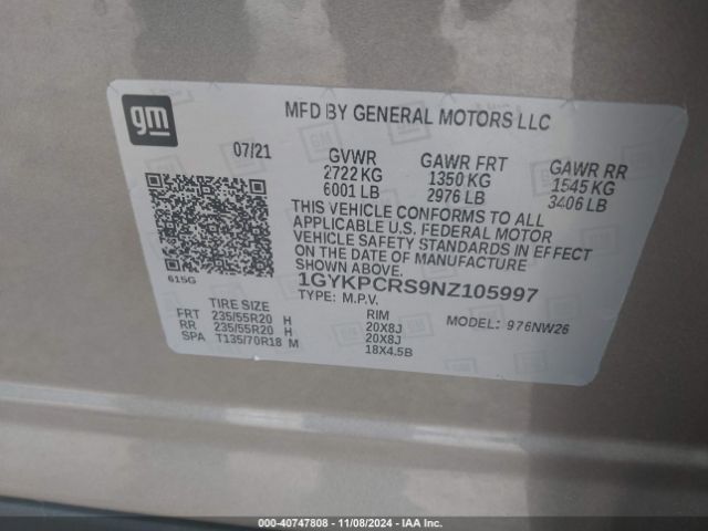 1GYKPCRS9NZ105997 Cadillac Xt6 Premium Luxury