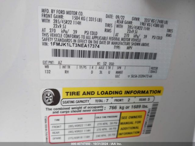 1FMJK1LT3NEA17374 Ford Expedition Platinum Max