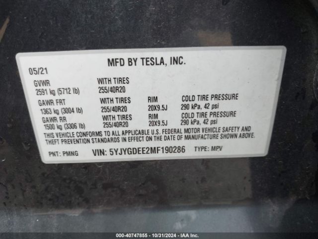 5YJYGDEE2MF190286 Tesla Model Y Long Range Dual Motor All-wheel Drive