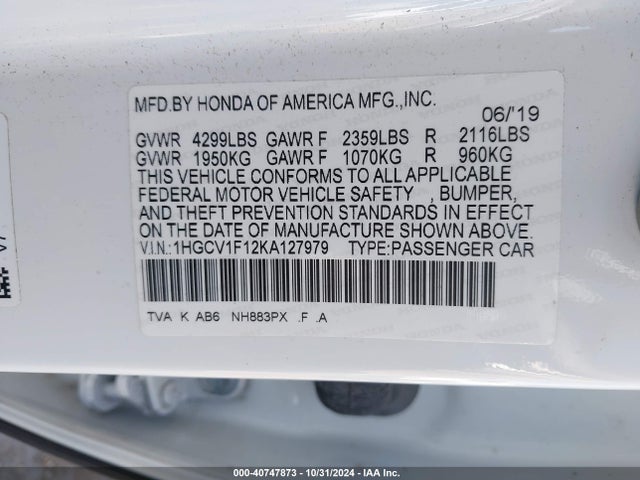 Honda ACCORD LX 2019 1HGCV1F12KA127979 Image 9