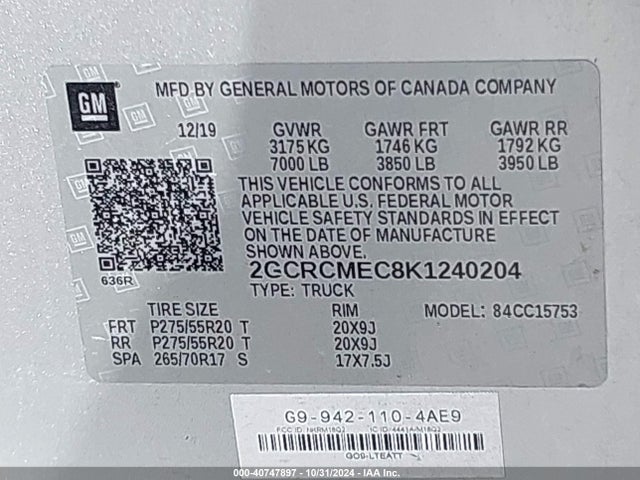 Chevrolet Silverado 1500 Ld Silverado Custom 2019 2GCRCMEC8K1240204 Image 9