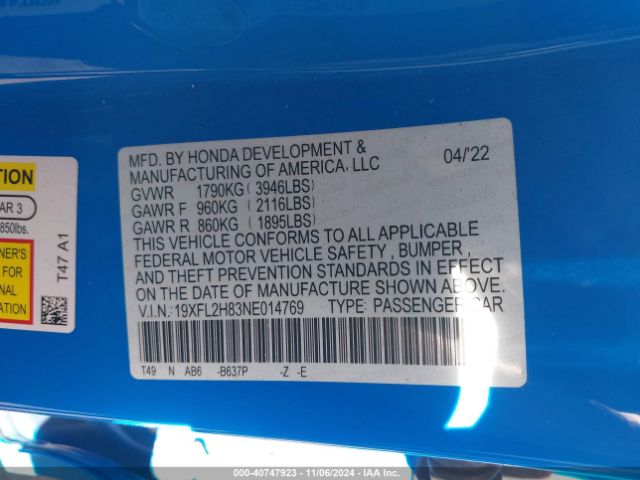 19XFL2H83NE014769 Honda Civic Sport