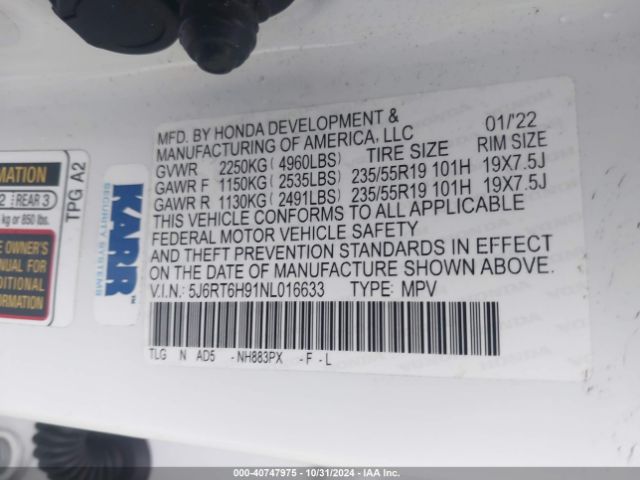 5J6RT6H91NL016633 Honda Cr-v Hybrid Touring