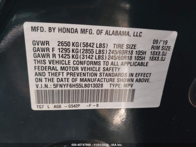 5FNYF6H55LB013028 Honda Pilot Awd Ex-l